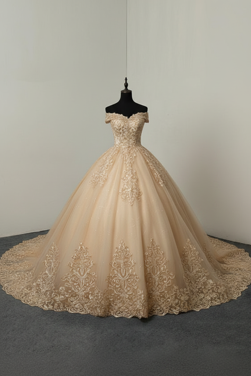 Off The Shoulder Ball Gown Wedding Dresses Short Sleeve Lace Applique Tulle Bridal Dress