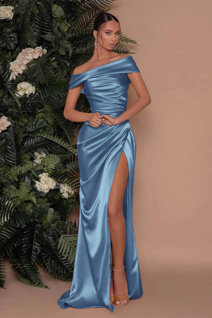 Champagne Off-The-Shoulder Mermaid Prom Dress with Split