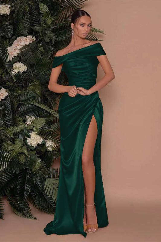Champagne Off-The-Shoulder Mermaid Prom Dress with Split