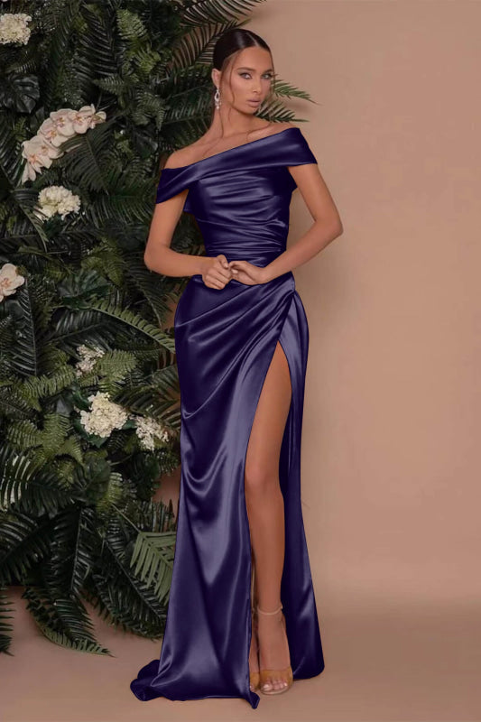 Champagne Off-The-Shoulder Mermaid Prom Dress with Split