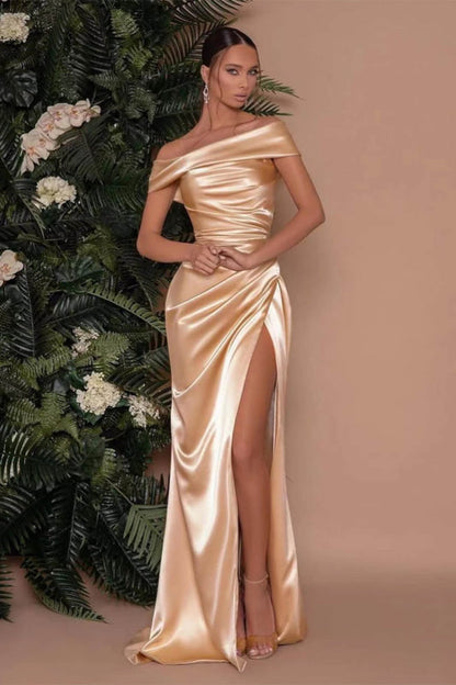 Champagne Off-The-Shoulder Mermaid Prom Dress with Split