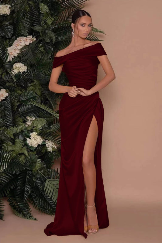 Champagne Off-The-Shoulder Mermaid Prom Dress with Split