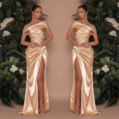 Champagne Off-The-Shoulder Mermaid Prom Dress with Split