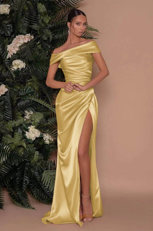 Champagne Off-The-Shoulder Mermaid Prom Dress with Split