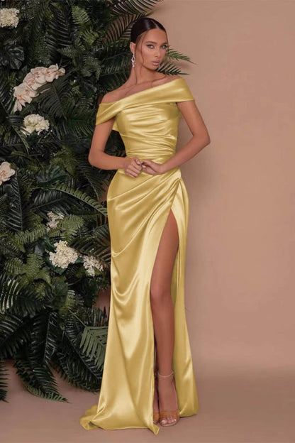 Champagne Off-The-Shoulder Mermaid Prom Dress with Split