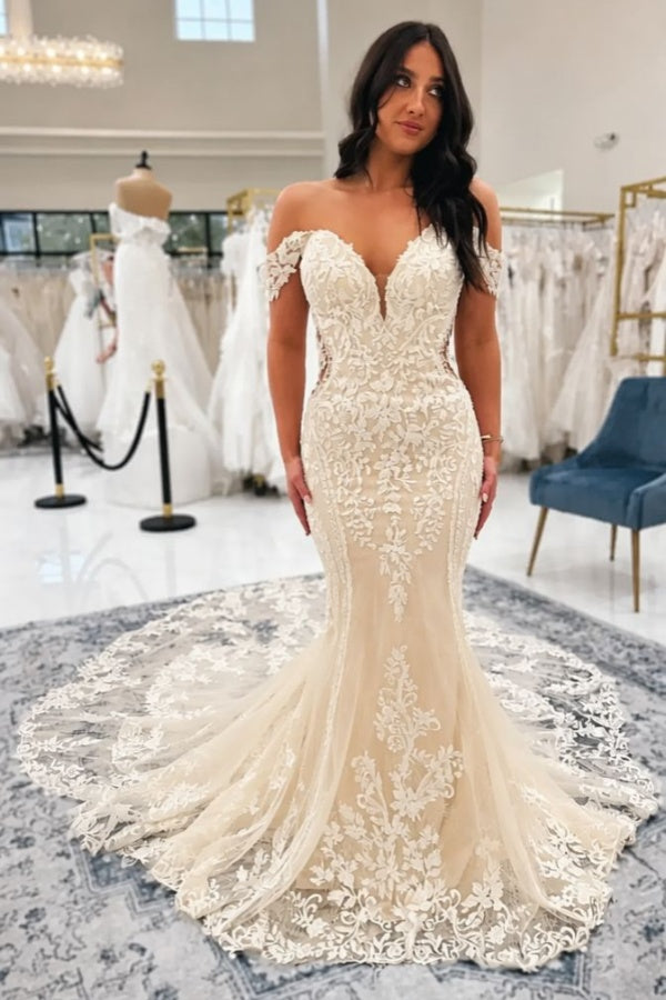 Off-the-Shoulder Sweetheart Ivory Lace Wedding Dress Mermaid Bridal Gown