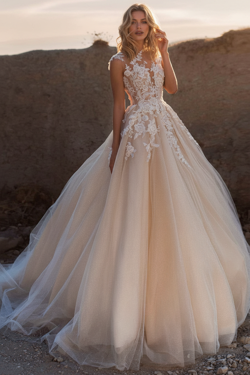 Princess Wedding Dresses Jewel Neck Sleeveless Lace Soft Tulle Bridal Gowns