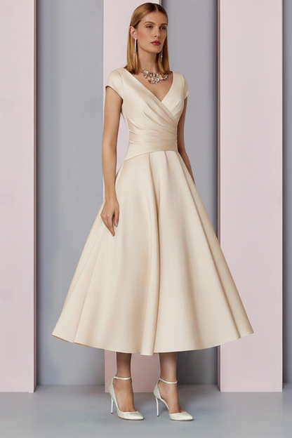 Navy Satin A-Line Mother of the Bride Dress V Neck Tea Length Wedding Guest Dress