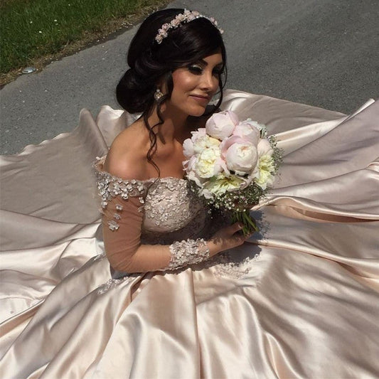 Champagne Satin Long Sleeves Ball Gown