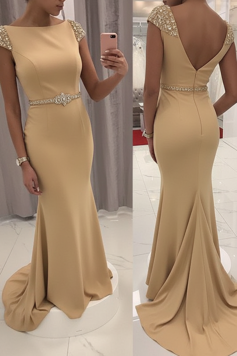 Navy Blue Sequined Fitted Cap Sleeve Mermaid Prom Dress Formal Gown