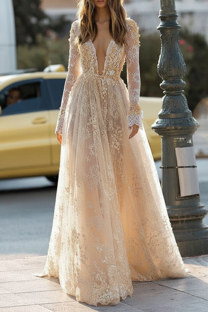 Simple Wedding Dress A Line V Neck Long Sleeves Lace Floor Length Bridal Gowns
