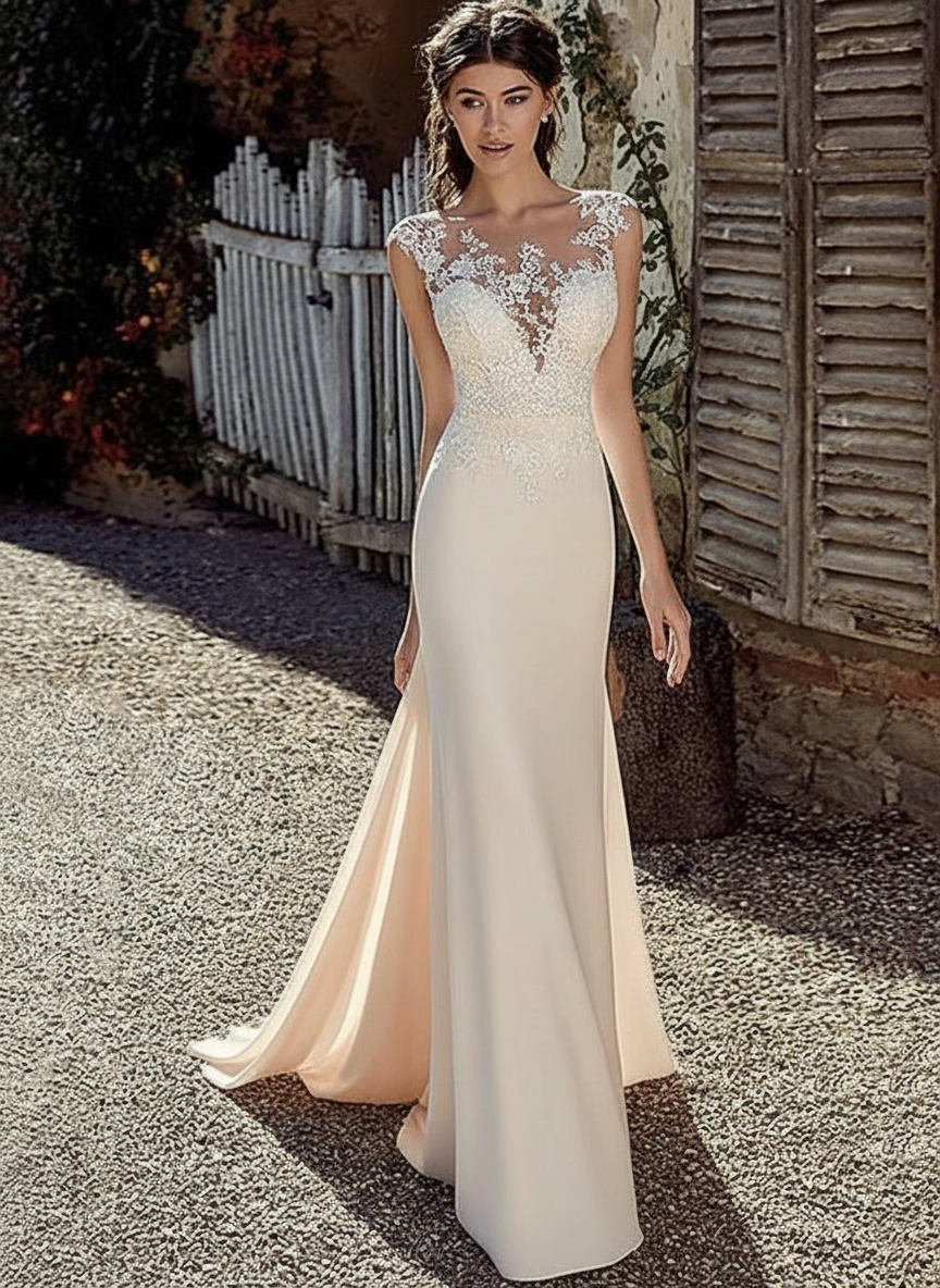 White Simple Wedding Dress White Chiffon Illusion Sleeveless Court Train Applique Sheath Bridal Gowns