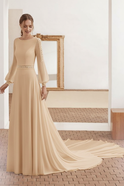Simple Wedding Dress With Train Chiffon Halter Long Sleeves Lace A Line Bridal Dresses