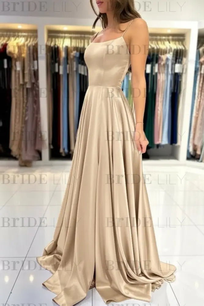 Spaghetti Straps Simple Satin Long Prom Dress with Slit