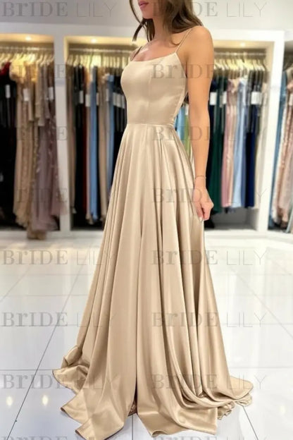 Spaghetti Straps Simple Satin Long Prom Dress with Slit