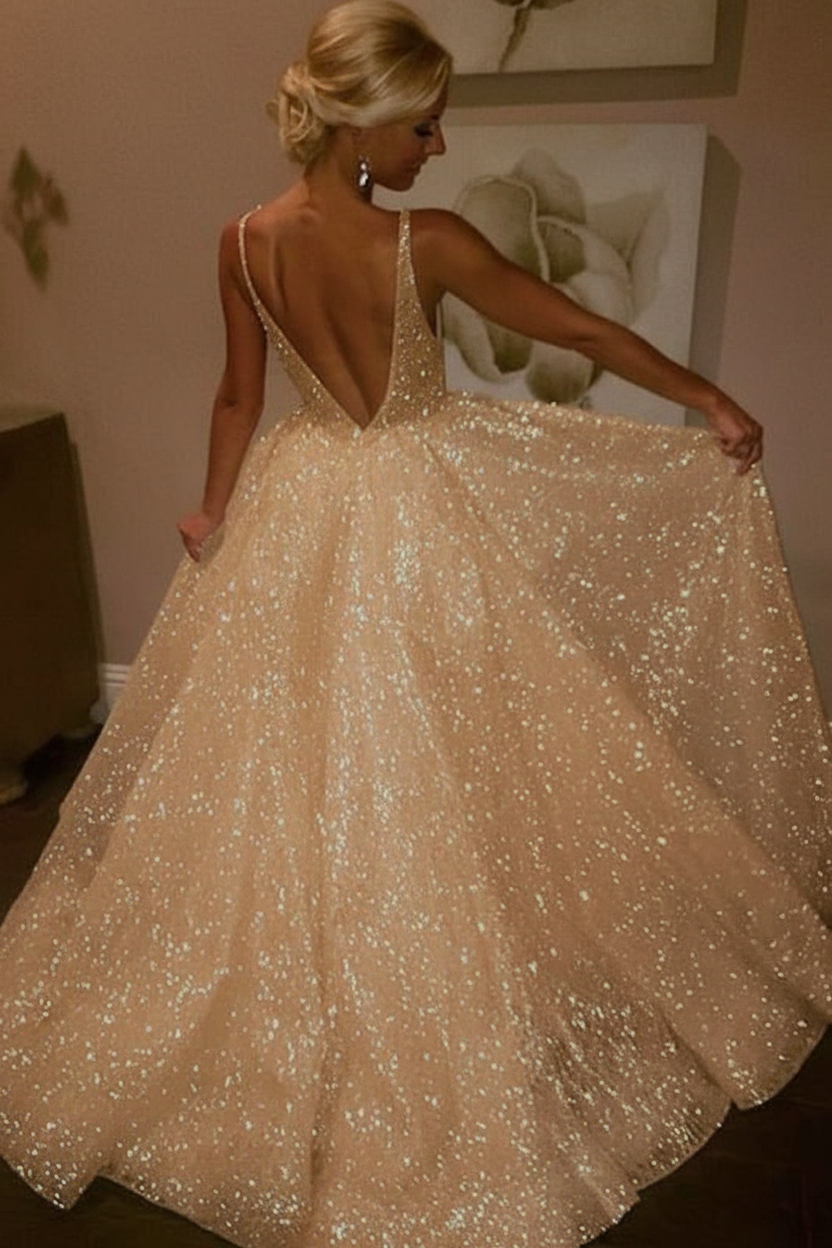 Ivory Sparkly V-neck Sleeveless Backless Floor-length Party Dress Prom Dresses