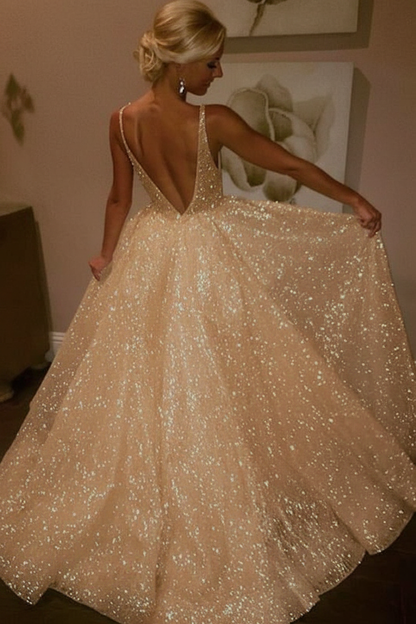Ivory Sparkly V-neck Sleeveless Backless Floor-length Party Dress Prom Dresses