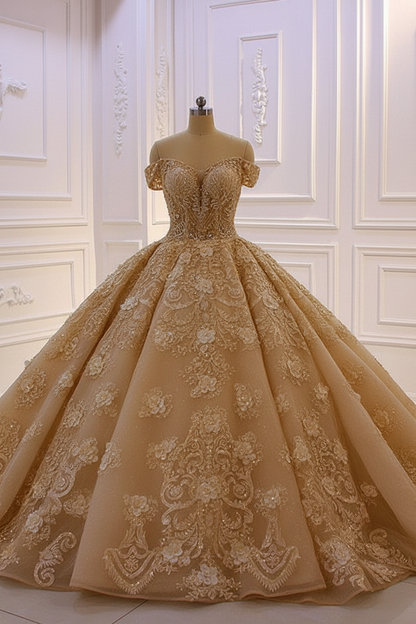 Sweetheart Off-the-Shoulder Backless Lace Wedding Dress Ruffles with Tulle Appliques