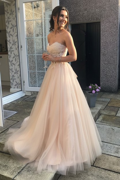 Sweetheart Open Back Pink Lace Long Prom Dresses Tulle Aline Formal Evening Dresses