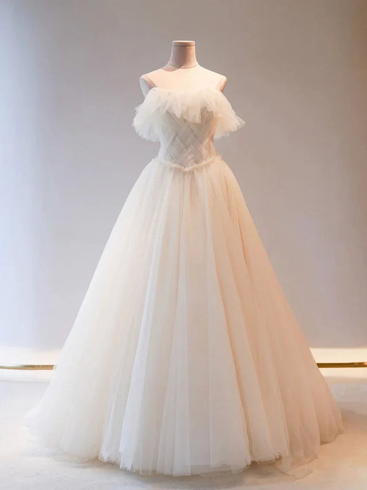 Light Champagne Tulle Long Prom Dress Tulle Formal Wedding Dress