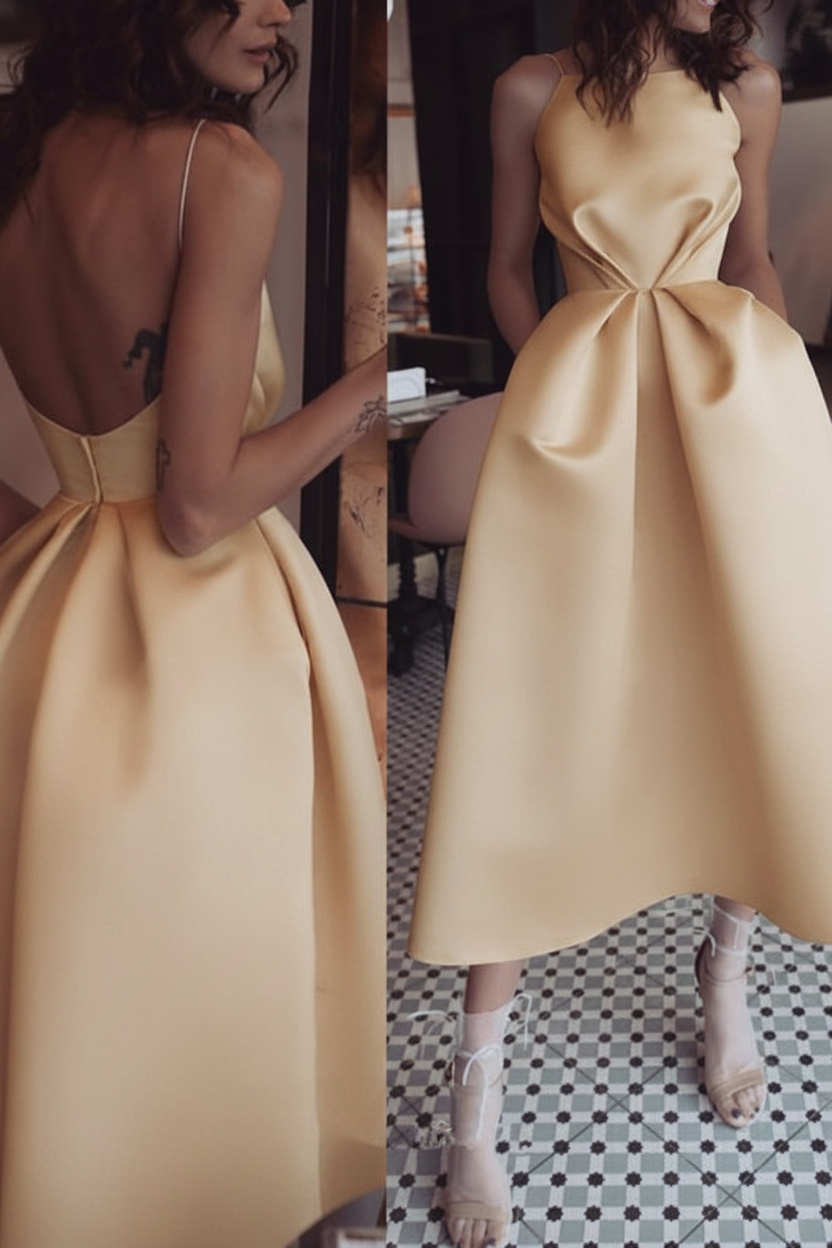 Unique Tea Length Satin Party Spaghetti Straps Backless Prom Dress