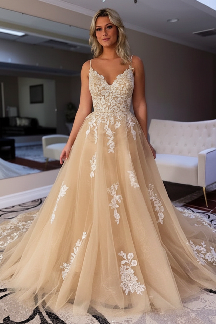 V Neck Backless Ivory Lace Wedding Dresses Tulle Aline Wedding Dress