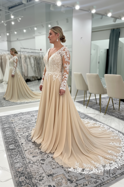 V-neck Open Back Appliques Lace A-Line Wedding Dresses Long Sleeve