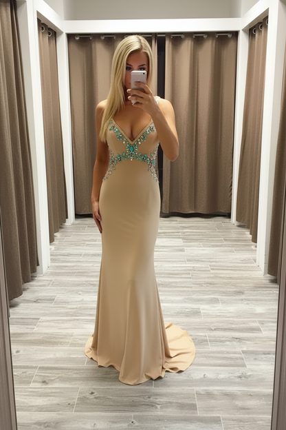 V-Neck Sleeveless Prom Dress Sweep/Brush Train With Beading Spandex Dresses