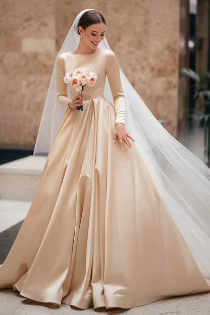 Long Sleeves Vintage Wedding Dress Jewel Neck Satin Chapel Train Pleated Bridal Dress