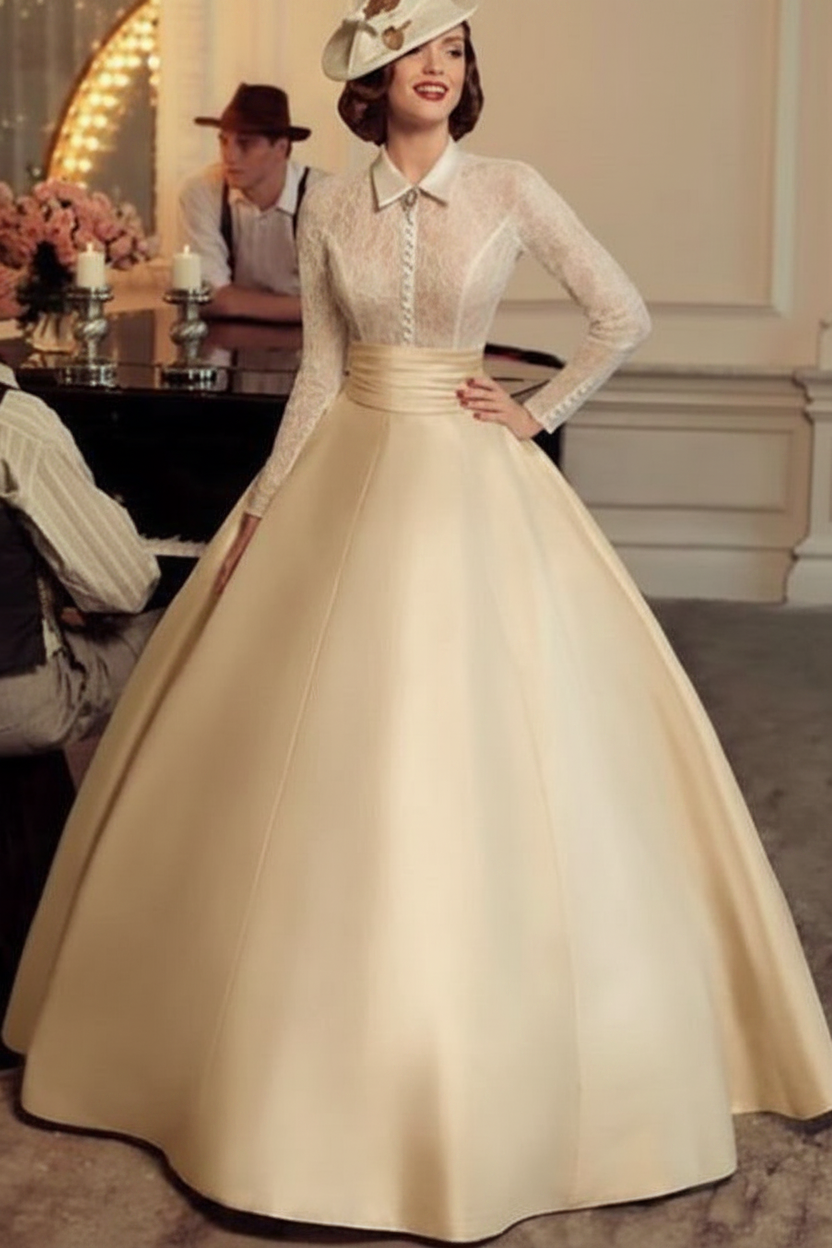 Vintage Aline Wedding Dresses Long Sleeves Satin Lace Traditional Dresses For Bride