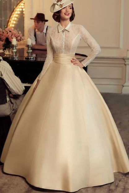 Vintage Aline Wedding Dresses Long Sleeves Satin Lace Traditional Dresses For Bride