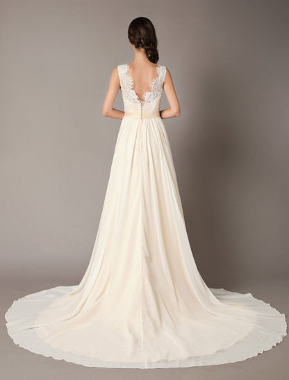 Champagne Wedding Dresses Beach Lace Chiffon V Neck Bridal Dress