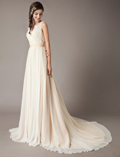 Champagne Wedding Dresses Beach Lace Chiffon V Neck Bridal Dress