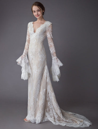 Champagne Wedding Dresses Lace V Neck Long Sleeve Sheath Boho Bridal Dress With Train Exclusive