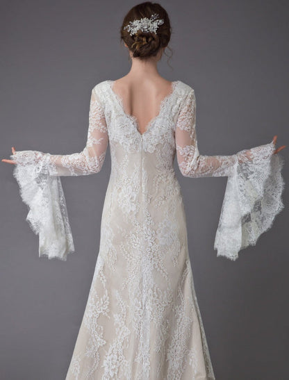Champagne Wedding Dresses Lace V Neck Long Sleeve Sheath Boho Bridal Dress With Train Exclusive