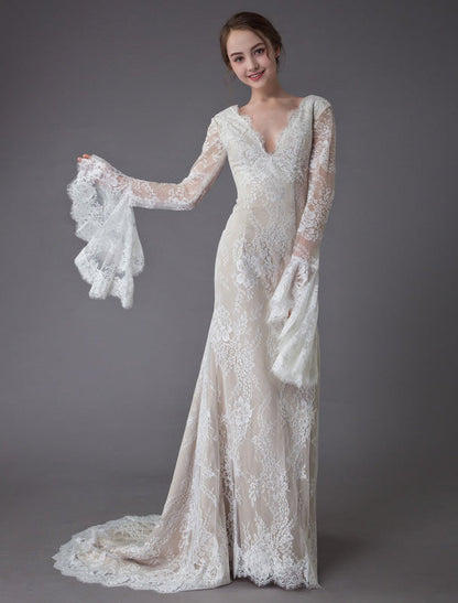 Champagne Wedding Dresses Lace V Neck Long Sleeve Sheath Boho Bridal Dress With Train Exclusive