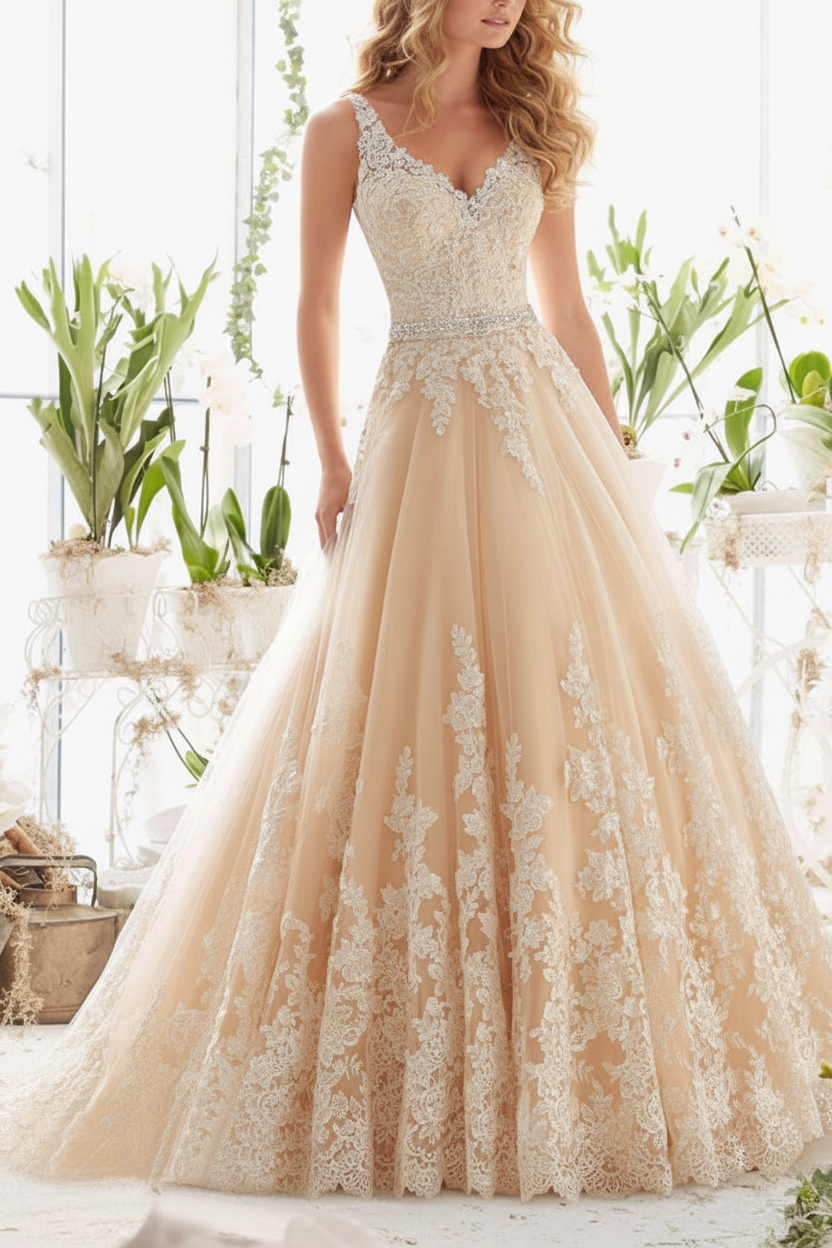Wedding Dresses V Neck Sleeveless A Line Lace Beaded Sash Bridal Dresses With Train