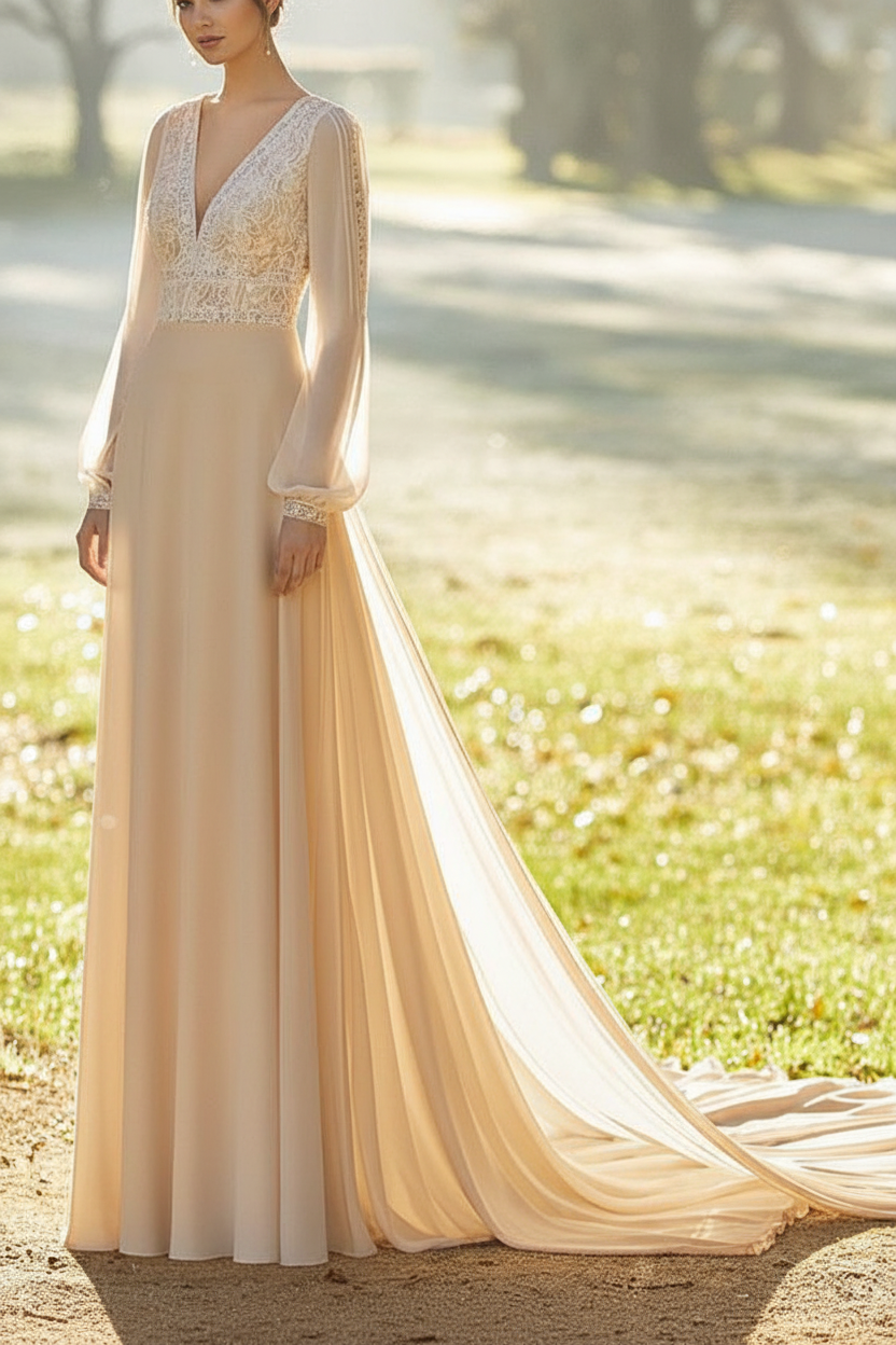Ivory Wedding Dresses With Court Train A Line Long Sleeves Lace V Neck Bridal Gowns