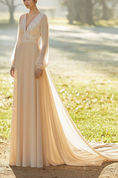 Ivory Wedding Dresses With Court Train A Line Long Sleeves Lace V Neck Bridal Gowns