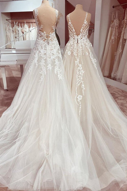 Charming Deep V-neck A-Line Lace Floor-length Wedding Dress with Tulle Appliques