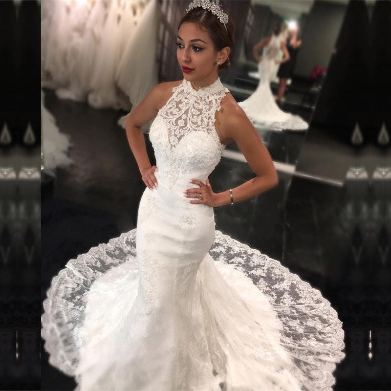 Charming High Neck Lace Mermaid Wedding Dress With Appliques Sleeveless Long