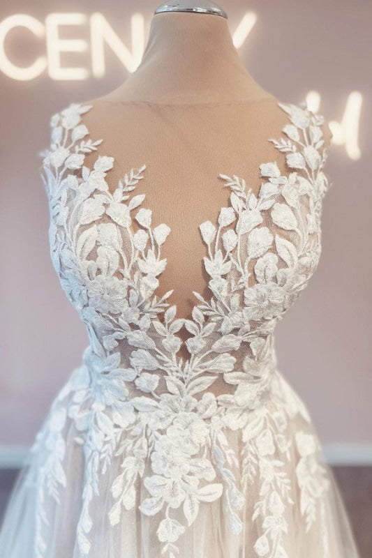 Charming Jewel A-Line Lace Tulle Wedding Dress with Applique