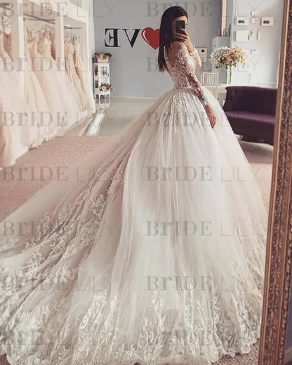 Charming Long Sleeves Lace Tulle Ball Gown Wedding Dress