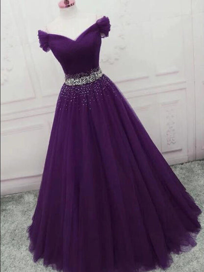 Charming Off Shoulder Dark Purple Tulle Long Prom Gown with Sequins Regency Formal Graduation Evening Dress