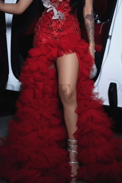Charming Sleeveless Beadings Red Prom Dress Sequined with High Slit