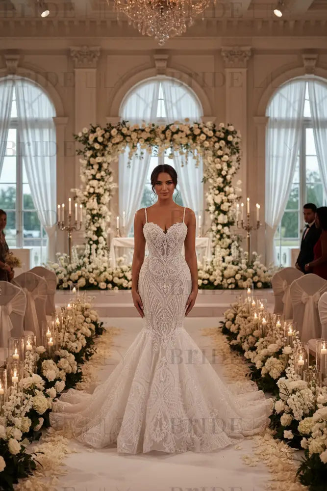 Charming Sleeveless Spaghetti Straps Mermaid Wedding Dress with Ruffles