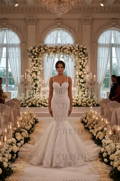 Charming Sleeveless Spaghetti Straps Mermaid Wedding Dress with Ruffles