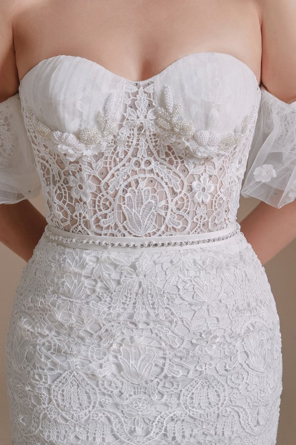 Charming Sweetheart Lace Long Mermaid Wedding Dress With Detachable Sleeves