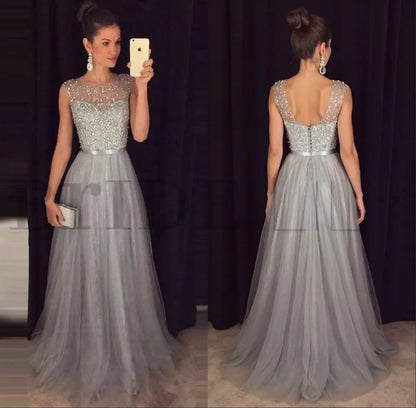Elegant Gray A-Line Prom Dress Sequined Tulle Evening Gown