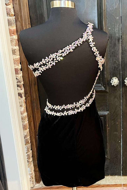 Royal Blue Velvet One-Shoulder Beaded Short Homecoming Dress